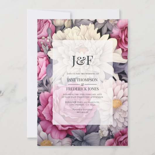 Roze, Grijs en Ivoor Bloemen Huwelijk Monogram Kaart (Voorkant)