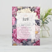 Roze, Grijs en Ivoor Bloemen Huwelijk Monogram Kaart (Staand voorkant)