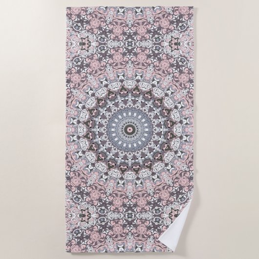 Roze Grijs en Wit Mandala Patroon Strandlaken (Voorkant)