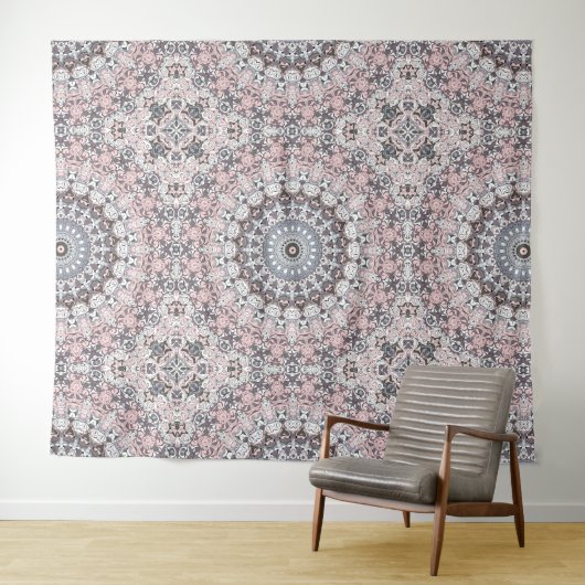 Roze grijs en wit mandala patroon wandkleed (In Situ (horizontaal))