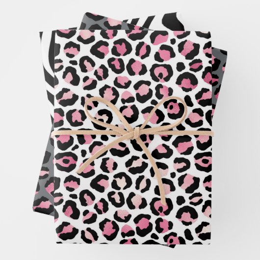 Roze, grijs en zwart Safari Animal Print Inpakpapier Vel (In situ)