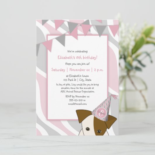 Roze grijs feest puppy gluren verjaardag meisje kaart (Staand voorkant)