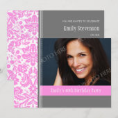 Roze grijs Foto 40th Birthday Party Invitation Kaart (Voorkant / Achterkant)