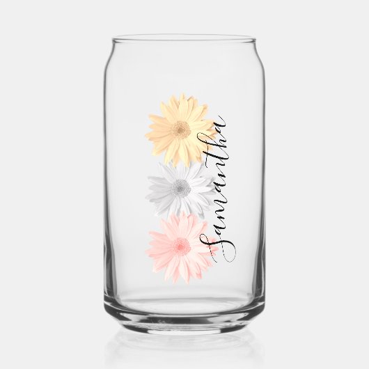 Roze Grijs Geel Daisy Bloemen Naam Blikvorm Glas (Voorkant)