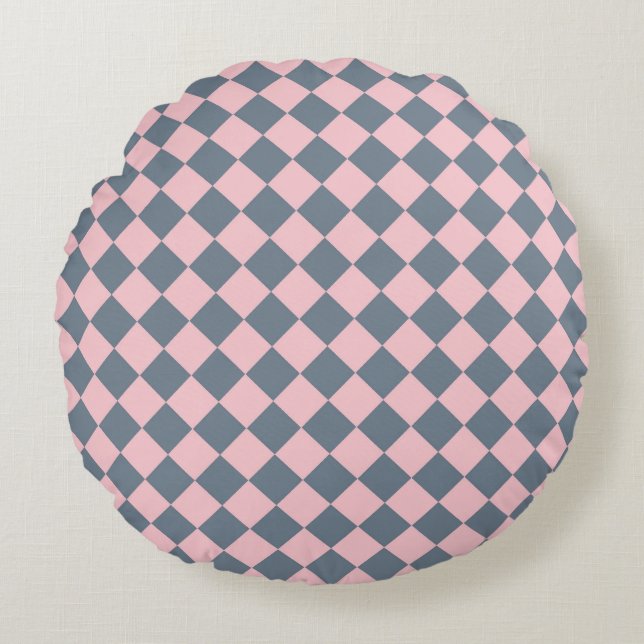 Roze Grijs Geruit Diamant Patroon  Rond Kussen (Voorkant)