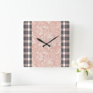 Roze & grijs geruit strepen AI-kunst Vierkante Klok