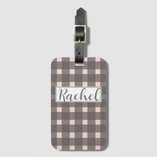 Roze Grijs Gingham Gepersonaliseerd Bagagelabel (Voorkant (verticaal))