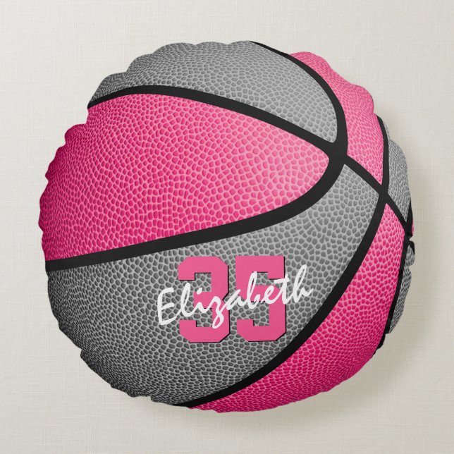Roze Grijs Girly Sport Gepersonaliseerd Basketbal Rond Kussen (Voorkant)
