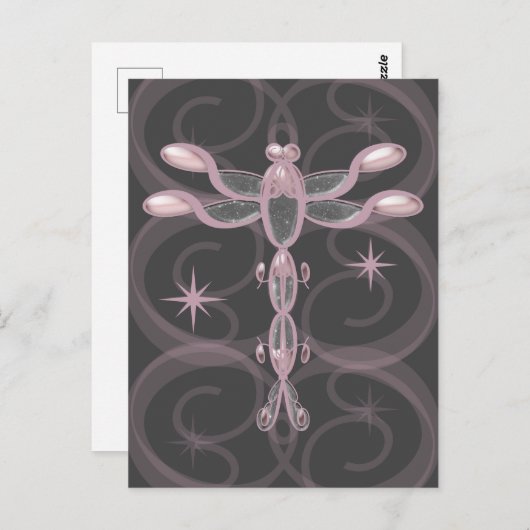 Roze, grijs, glazen dragonfly met sterren briefkaart (Voorkant / Achterkant)
