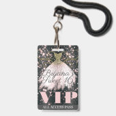 Roze Grijs Gouden Glitter Jurk Sweet 16 VIP Pas Badge (Voorzijde met lanyard)