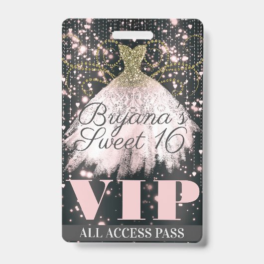 Roze Grijs Gouden Glitter Jurk Sweet 16 VIP Pas Badge (Voorzijde)