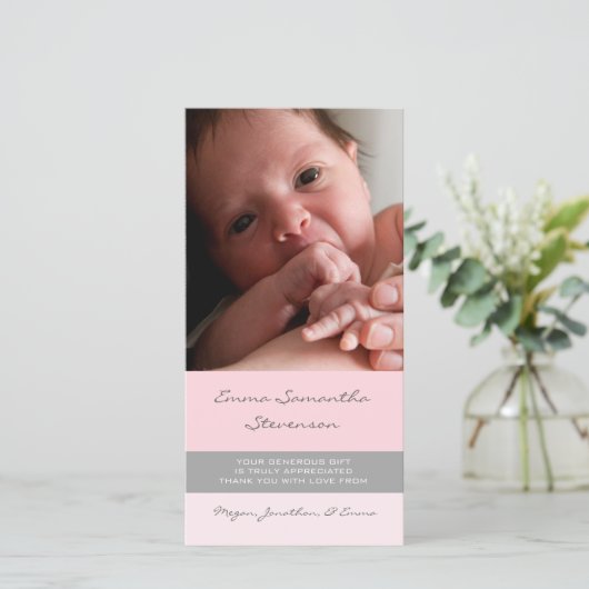 Roze grijs Hartelijk dank Baby showers fotokaarten Bedankkaart (Staand voorkant)