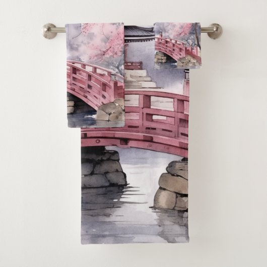 Roze Grijs Japanse Sakura Bloesems Pagoda Bad Handdoek (Insitu)