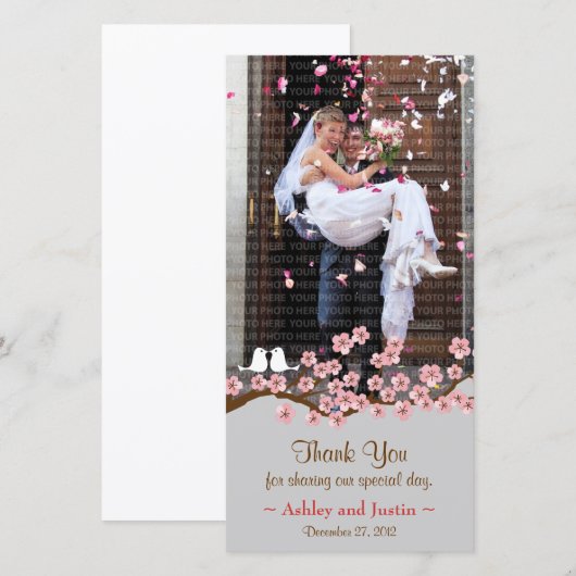 Roze & Grijs Kersenbloesem Lente Bruiloft Bedankkaart (Voorkant / Achterkant)