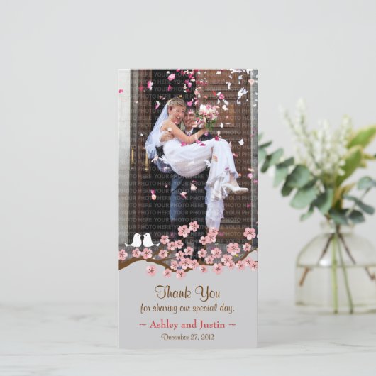 Roze & Grijs Kersenbloesem Lente Bruiloft Bedankkaart (Staand voorkant)