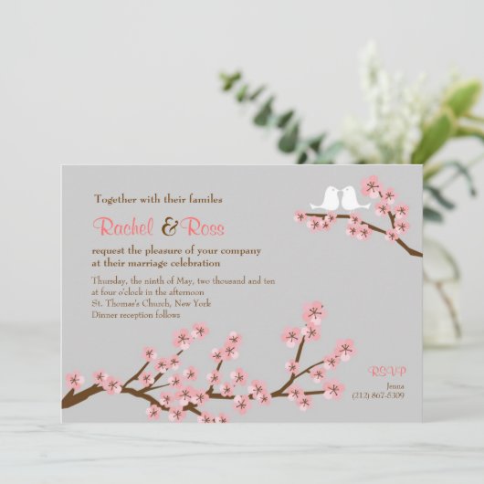 Roze & Grijs Kersenbloesem Lente Bruiloft Kaart (Staand voorkant)