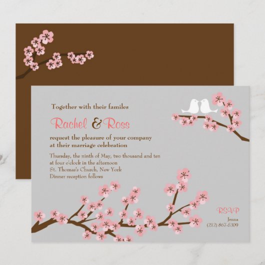 Roze & Grijs Kersenbloesem Lente Bruiloft Kaart (Voorkant / Achterkant)