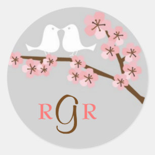 Roze & Grijs Kersenbloesem Lente Bruiloft Ronde Sticker