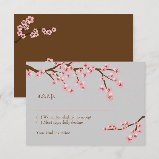 Roze & Grijs Kersenbloesem Lente Bruiloft RSVP Kaartje (Voorkant / Achterkant)