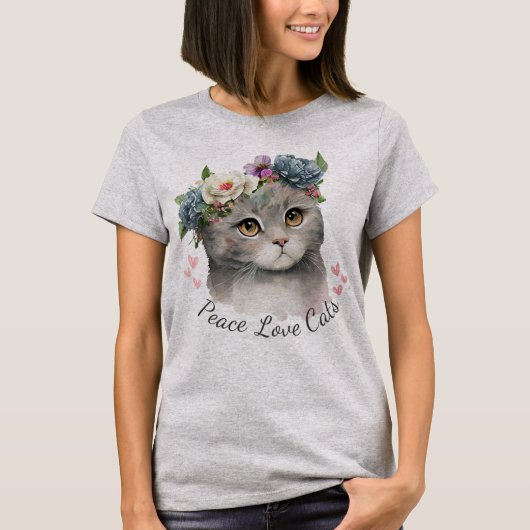 Roze Grijs kleur vrede liefde Cat T-Shirt voor vro (Voorkant)