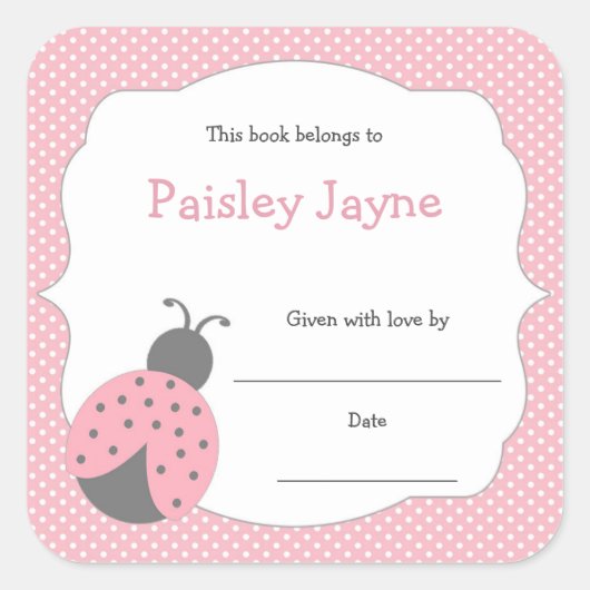 Roze Grijs Ladybug Bookplate / boek baby shower Vierkante Sticker (Voorkant)