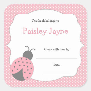 Roze Grijs Ladybug Bookplate / boek baby shower Vierkante Sticker