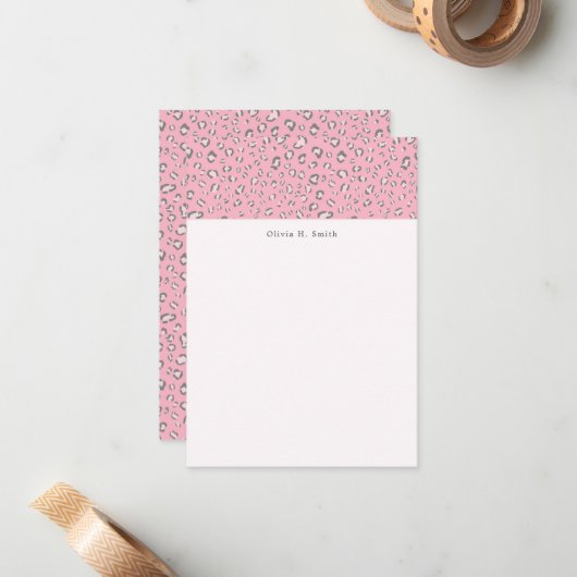 Roze Grijs Leopard 2 gepersonaliseerd Notitiekaartje (Voorkant / Achterkant in situ)