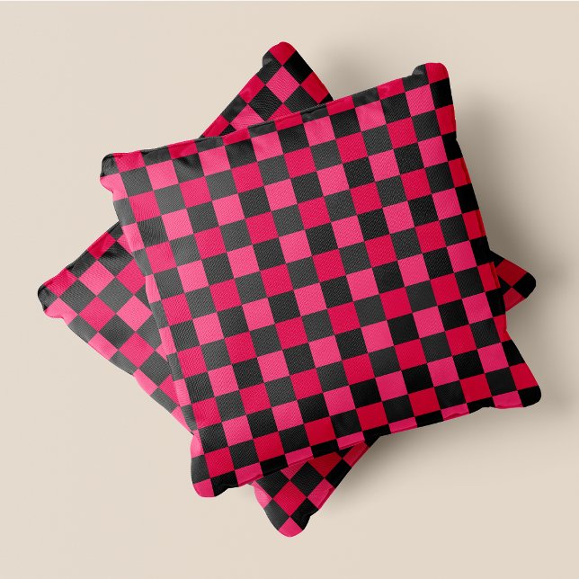 Roze & Grijs Leuke Retro Chic Geruite Pleinen Kussen (Pink & Grey Fun Retro Chic Checkered Squares Throw Pillow)