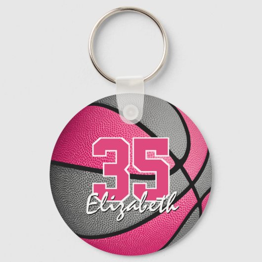 Roze grijs meisje basketbal jersey nummer sleutelhanger (Achterkant)