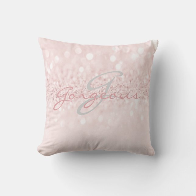 Roze grijs meisje Glitter Silver Monogram Naam Kussen (Voorkant)