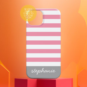 Roze grijs modern Striped Patroon met naam iPhone 16 Pro Hoesje