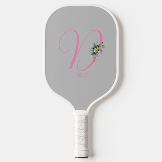 Roze grijs monogram waterverf bloem grijs pickleball paddle (Voorkant)