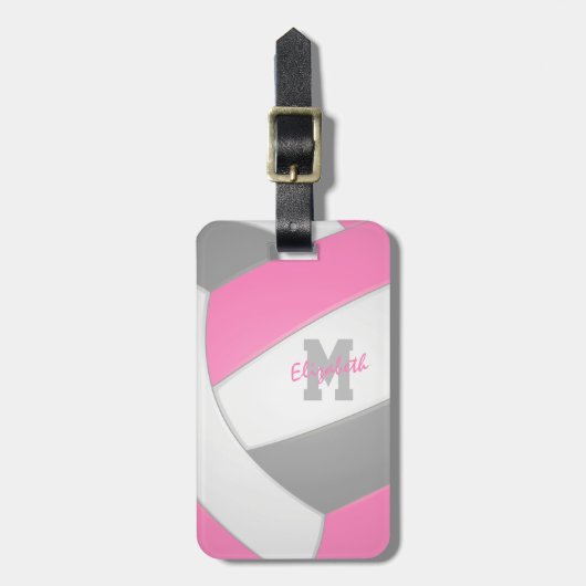 Roze grijs, monogrammen volleybalbagagelabel bagagelabel (Voorkant verticaal)
