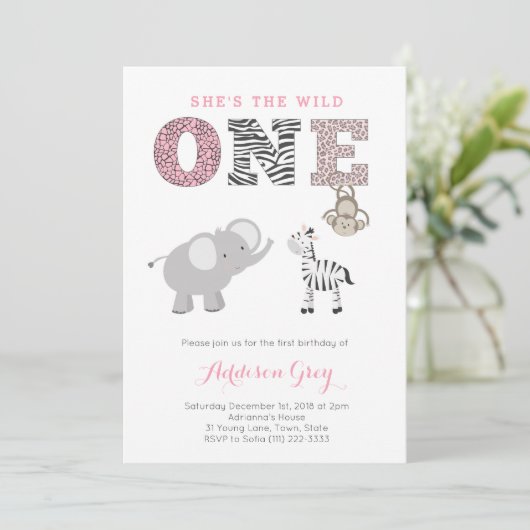 Roze grijs Oerwoud Safari eerste verjaardag voor m Kaart (Staand voorkant)