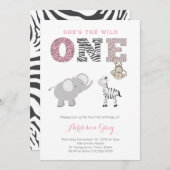 Roze grijs Oerwoud Safari eerste verjaardag voor m Kaart (Voorkant / Achterkant)