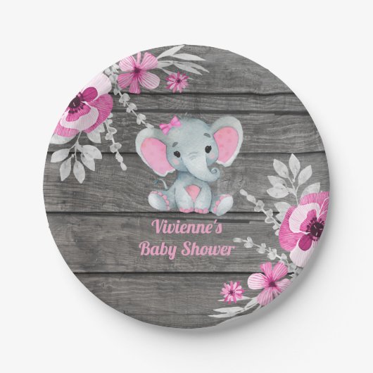Roze Grijs Olifant Bord 4 Baby shower, Verjaardag (Voorkant)