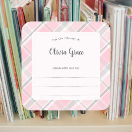 Roze Grijs Plaid lijst met naam bookplate Vierkante Sticker