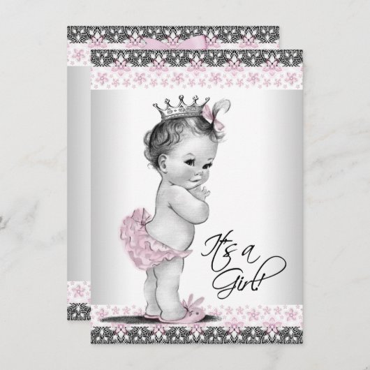 Roze Grijs  Princess Baby Shower Uitnodigingen (Voorkant / Achterkant)