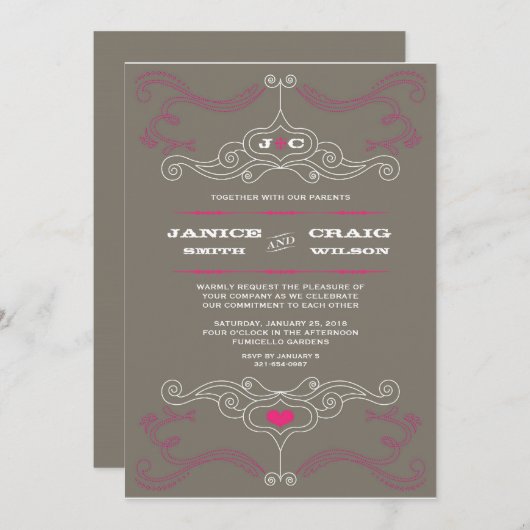 Roze & Grijs Rock 'n' Roll Muziek Thema Bruiloft Kaart (Voorkant / Achterkant)