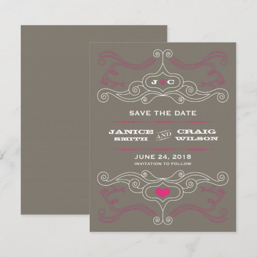 Roze & Grijs Rock 'n' Roll Muziek Thema Bruiloft Save The Date (Voorkant / Achterkant)