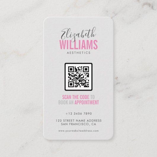 Roze Grijs Schoonheidssalon QR Code & Loyaliteit Visitekaartje (Voorkant)