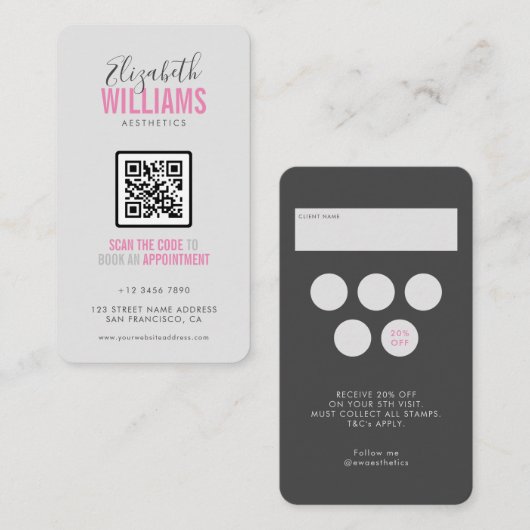 Roze Grijs Schoonheidssalon QR Code & Loyaliteit Visitekaartje (Voorkant / Achterkant)