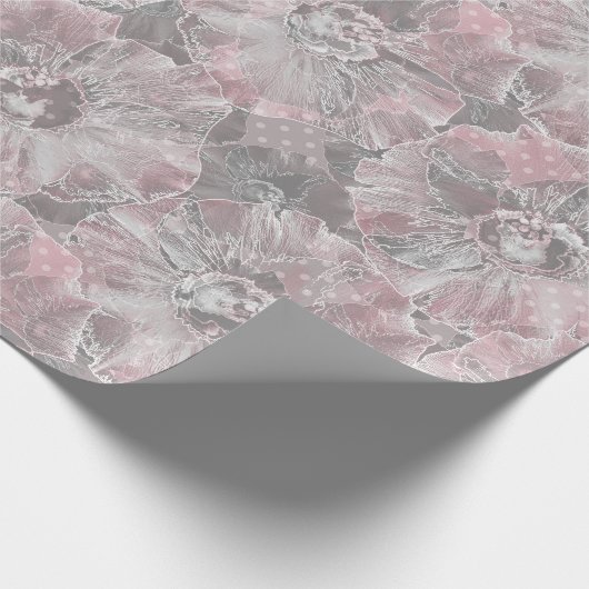 Roze, grijs, stijlvol, groot, bloemen, roze bloeme cadeaupapier (Hoek)