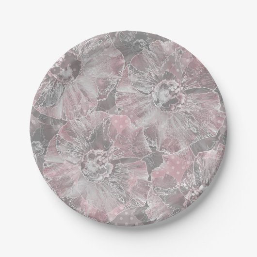 Roze, grijs, stijlvol, groot, bloemen, roze bloeme papieren bordje (Voorkant)