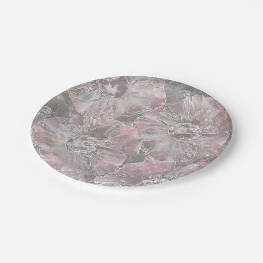 Roze, grijs, stijlvol, groot, bloemen, roze bloeme papieren bordje (Gekanteld)
