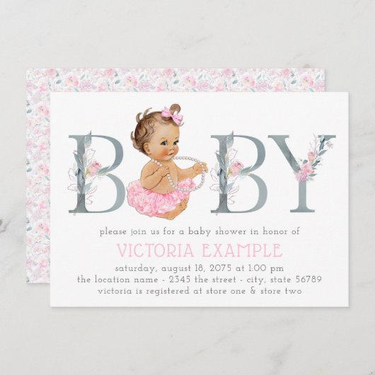 Roze Grijs Tutu Pearl Baby Meisje Douche Uitnodigi Kaart (Voorkant / Achterkant)