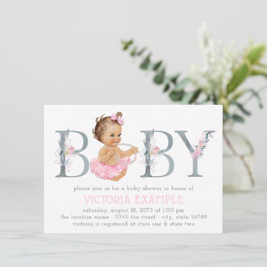 Roze Grijs Tutu Pearl Baby Meisje Douche Uitnodigi Kaart (Staand voorkant)