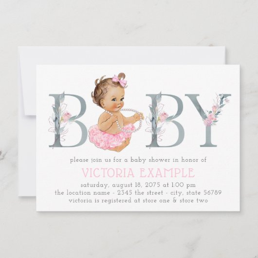 Roze Grijs Tutu Pearl Baby Meisje Douche Uitnodigi Kaart (Voorkant)