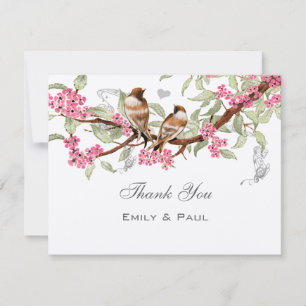 Roze & Grijs Vintage Liefdesvogels Huwelijks RSVP Bedankkaart