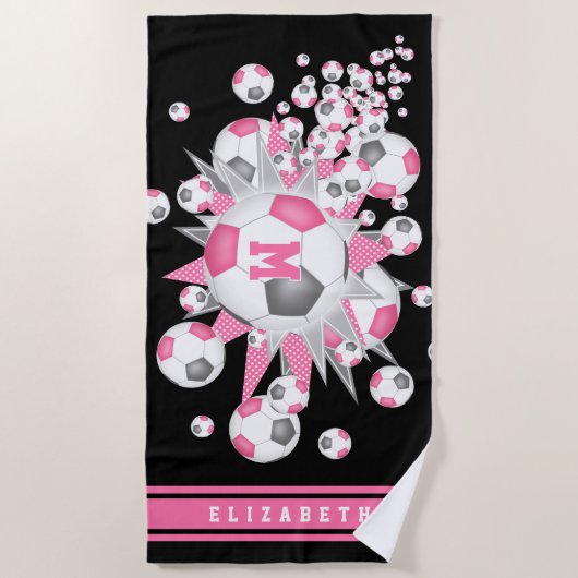 Roze grijs voetbal blowout meisjes aangepaste naam strandlaken (Voorkant)